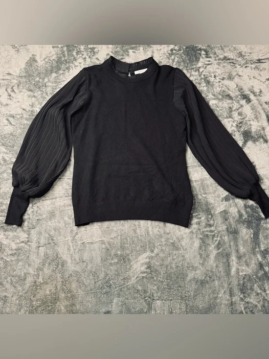 Sioni Black Crewneck Sweater with Pleated Sheer Balloon Sleeves - Picture 1 of 5